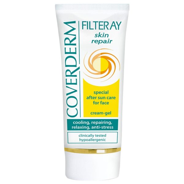Coverderm Filteray Skin Repair provides a very special care for the face, following prolonged exposure to UV radiation. An innovative cream-gel that offers an immediate cooling effect and relaxes stressed, tight skin. A valuable complex of 7 active ingredients drastically supports repair of UV-induced cell damage, which leads to skin inflammation and sunburn and powerfully prevents premature aging. Strong re-hydration makes skin remarkably softer and elastic. Use after outdoor sporting, sunbathing and solarium