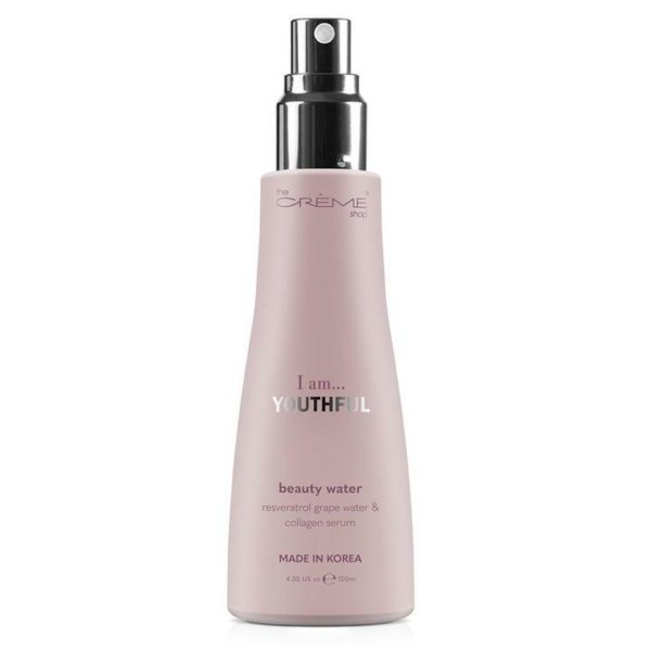 "I am YOUTHFUL" Beauty Water
I mist you.
I am... YOUTHFUL is enriched with resveratrol grape water and collagen serum for firm, youthful skin. 

 

The Crème Shop's beauty water has several functions:

Tone skin
Priming spray for makeup
Setting spray for makeup
Hydrate skin throughout the day over bare skin or makeup