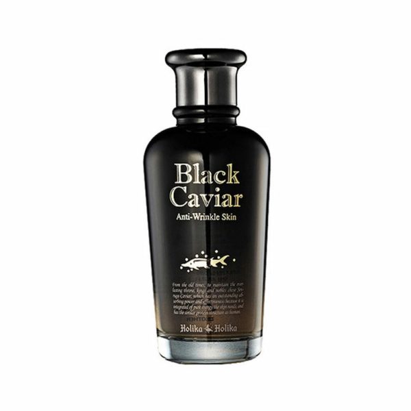 Holika Holika Black Caviar Anti Wrinkle Skin Toner uses luxurious ingredients that contain rich nutrients, proteins, and vitamins to reduce the signs of aging. Black Caviar Essence and Pure Gold Extract condition skin to provide an antioxidant effect, which effectively prevents and reduces the appearance of wrinkles. Caviar has a similar cell structure to human skin, allowing it to speed up the natural production of collagen, and in time it helps to plump up and thicken the skin and thus give a younger, firmer appearance. Also, with its excellent skin absorption rate this cream ensures that your skin remains hydrated throughout the day