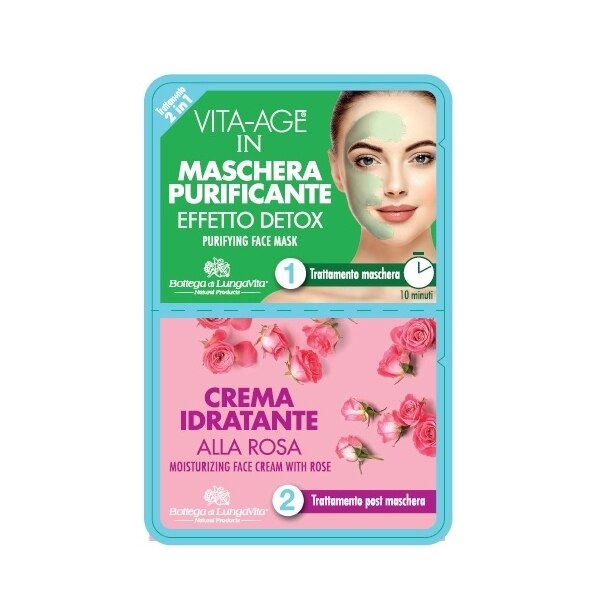 2 in 1 face treatment made up of: 1 STEP Purifying face mask with detox action, it deeply regenerates and purifies the skin giving a brighter and cleaner appearance. 2 STEP Moisturizing cream with Rose, ideal after the mask treatment, it restores the skin hydration.